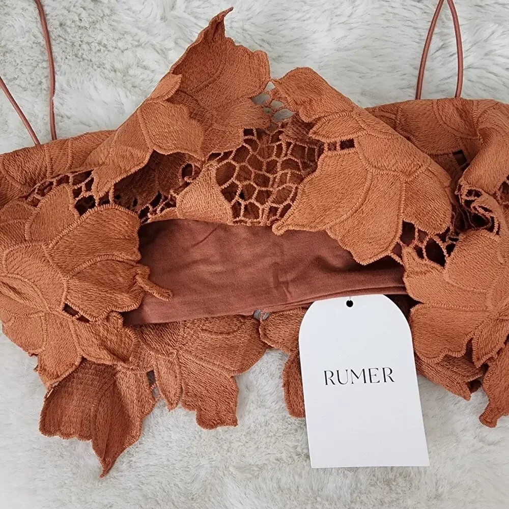Rumer The Label Tropez Rust Orange Floral Lace Asymmetric Crop Top Medium NWT - Picture 5 of 13